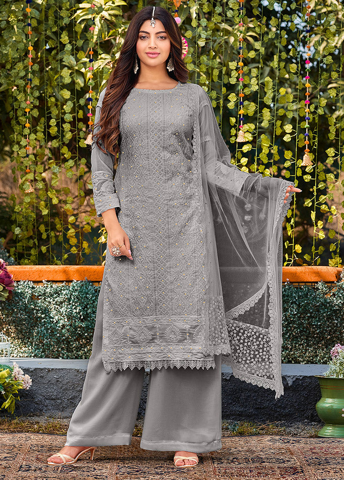 3 Pc Grey Semi Stitched Georgette Suit Set - Indian Silk House Agencies