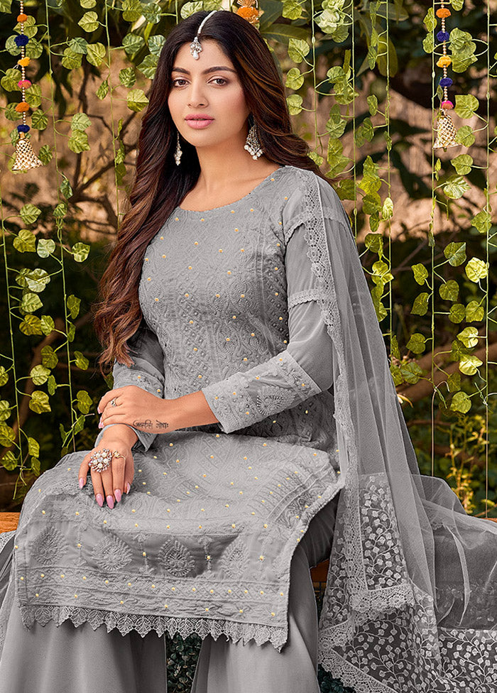 3 Pc Grey Semi Stitched Georgette Suit Set - Indian Silk House Agencies