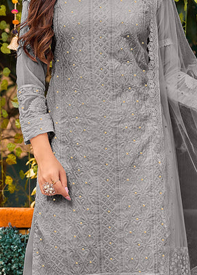 3 Pc Grey Semi Stitched Georgette Suit Set - Indian Silk House Agencies