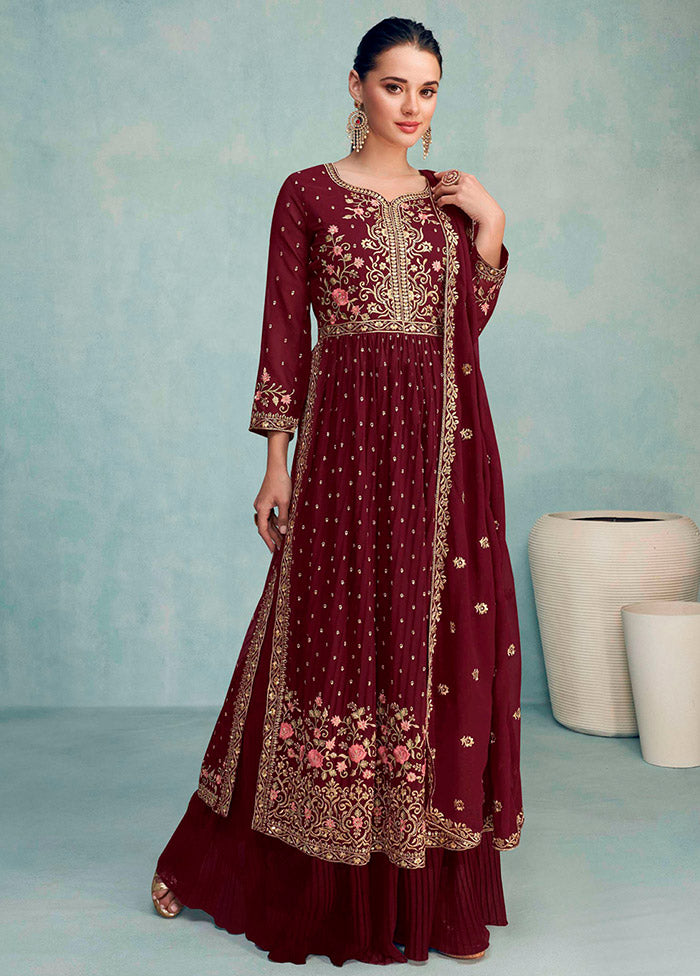 3 Pc Maroon Semi Stitched Georgette Suit Set - Indian Silk House Agencies