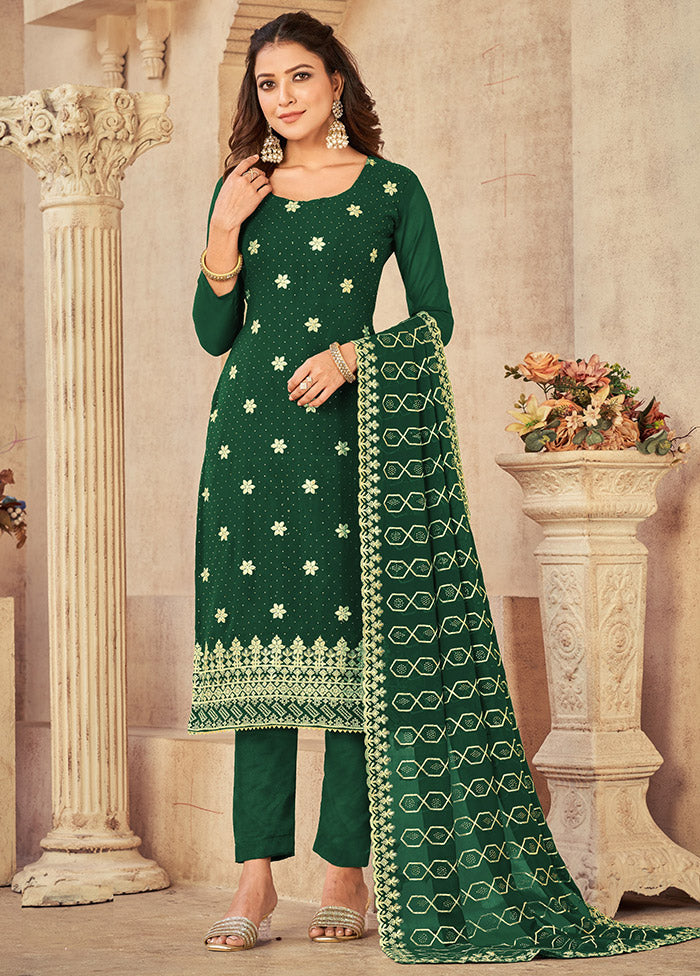 3 Pc Green Semi Stitched Georgette Suit Set - Indian Silk House Agencies