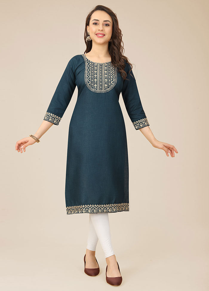 Teal Blue Readymade Cotton Kurti - Indian Silk House Agencies