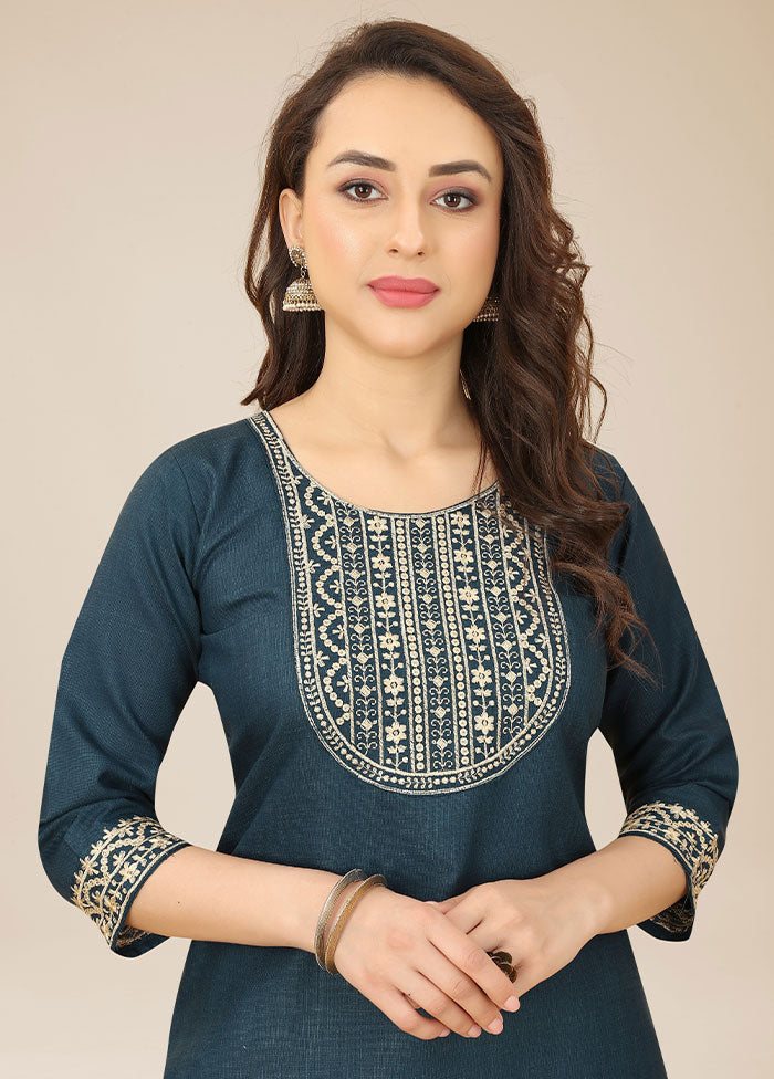 Teal Blue Readymade Cotton Kurti - Indian Silk House Agencies