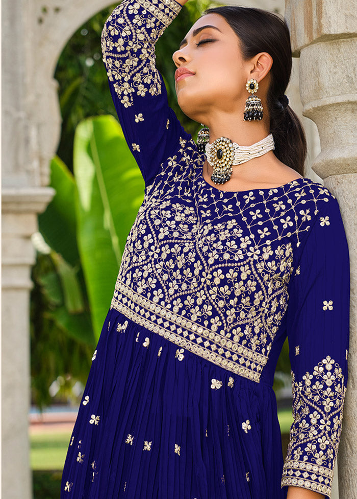 3 Pc Blue Semi Stitched Georgette Suit Set - Indian Silk House Agencies