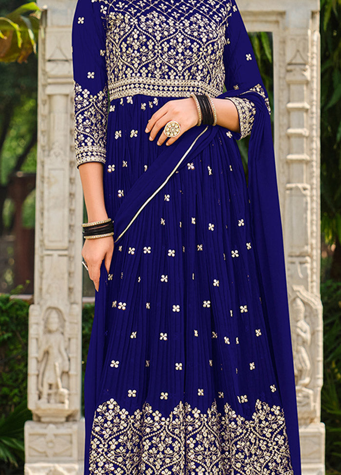 3 Pc Blue Semi Stitched Georgette Suit Set - Indian Silk House Agencies