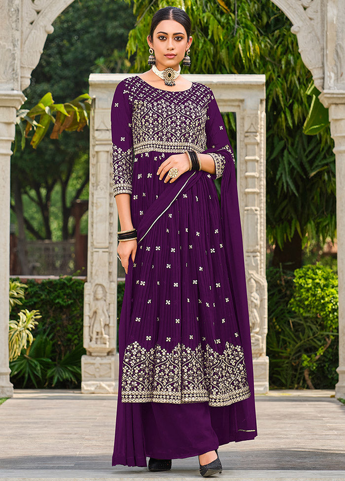 3 Pc Purple Semi Stitched Georgette Suit Set - Indian Silk House Agencies