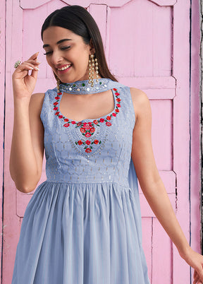 3 Pc Sky Blue Readymade Georgette Suit Set - Indian Silk House Agencies
