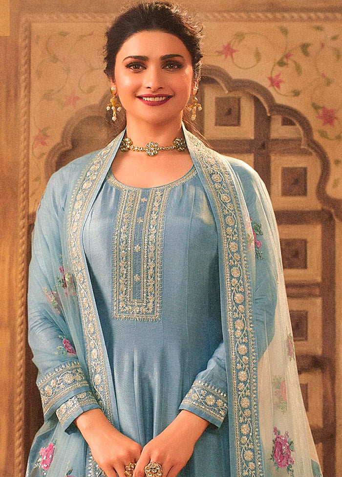 3 Pc Sky Blue Semi Stitched Georgette Suit Set - Indian Silk House Agencies