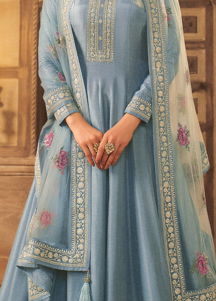 3 Pc Sky Blue Semi Stitched Georgette Suit Set - Indian Silk House Agencies