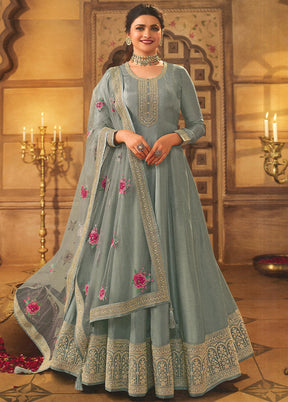 3 Pc Grey Semi Stitched Silk Suit Set - Indian Silk House Agencies