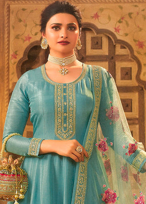 3 Pc Mint Green Semi Stitched Silk Suit Set - Indian Silk House Agencies