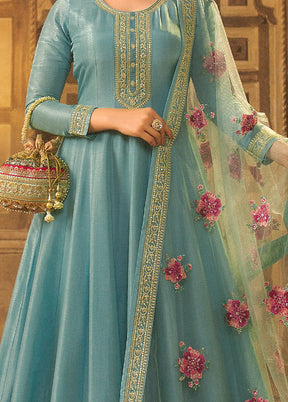 3 Pc Mint Green Semi Stitched Silk Suit Set - Indian Silk House Agencies