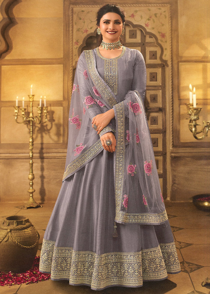 3 Pc Purple Semi Stitched Silk Suit Set - Indian Silk House Agencies
