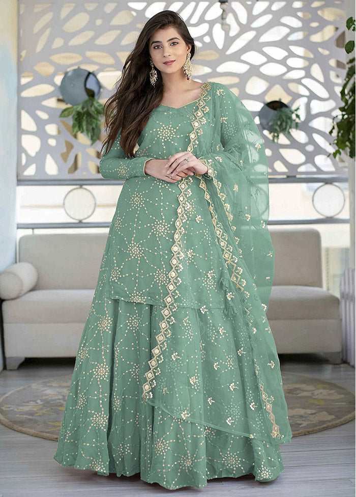 3 Pc Sea Green Semi Stitched Georgette Suit Set - Indian Silk House Agencies