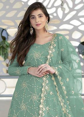 3 Pc Sea Green Semi Stitched Georgette Suit Set - Indian Silk House Agencies