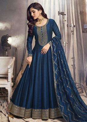 3 Pc Blue Semi Stitched Silk Suit Set - Indian Silk House Agencies