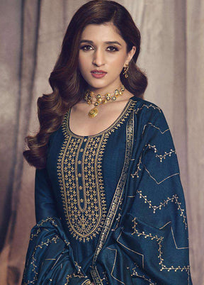 3 Pc Blue Semi Stitched Silk Suit Set - Indian Silk House Agencies