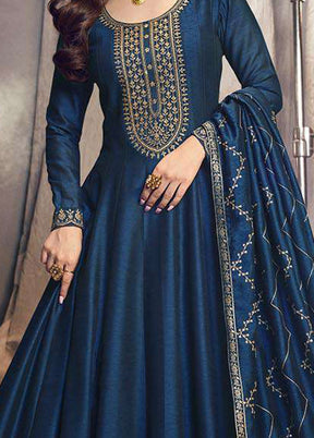 3 Pc Blue Semi Stitched Silk Suit Set - Indian Silk House Agencies