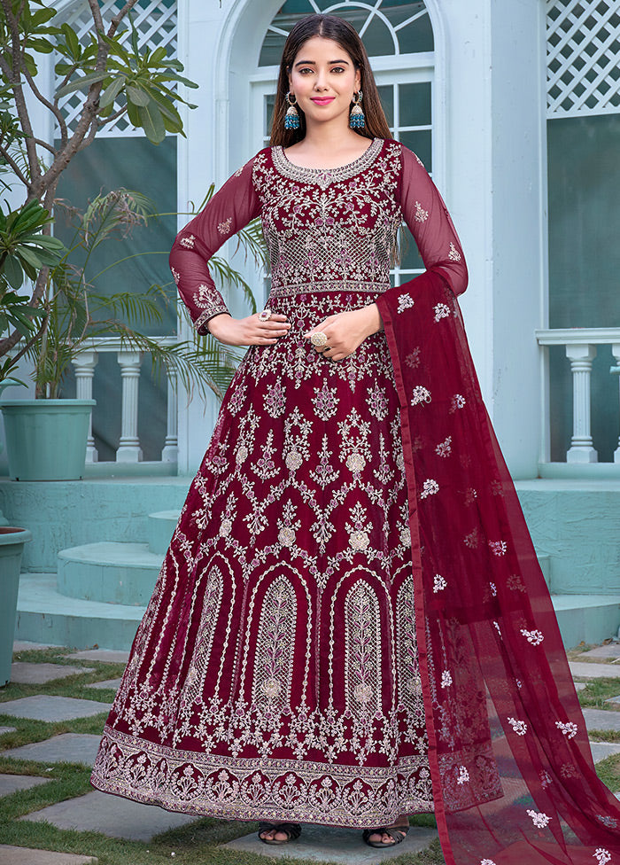 3 Pc Maroon Semi Stitched Net Suit Set - Indian Silk House Agencies