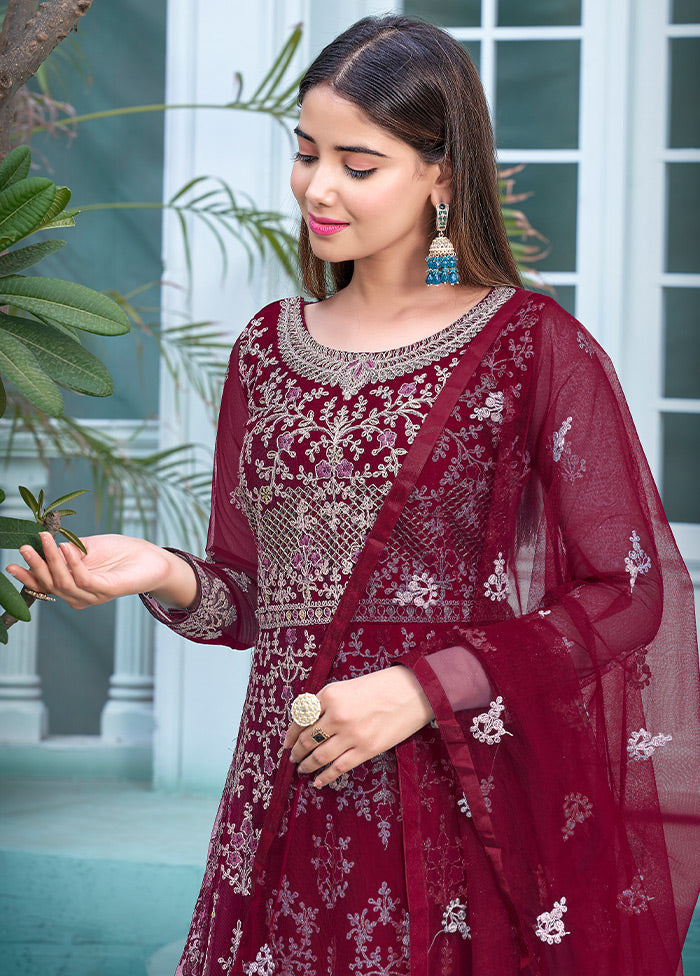 3 Pc Maroon Semi Stitched Net Suit Set - Indian Silk House Agencies