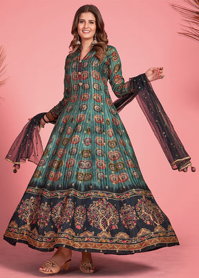 Blue Readymade Silk Gown With Dupatta - Indian Silk House Agencies