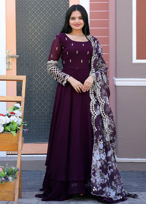 Wine Readymade Georgette Gown With Dupatta - Indian Silk House Agencies