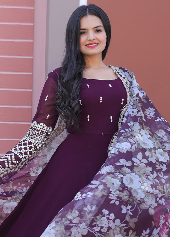Wine Readymade Georgette Gown With Dupatta - Indian Silk House Agencies