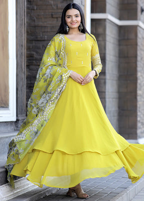 Yellow Readymade Georgette Gown With Dupatta - Indian Silk House Agencies