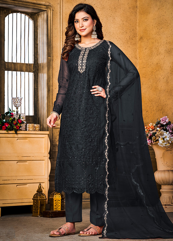 3 Pc Black Semi Stitched Net Suit Set - Indian Silk House Agencies