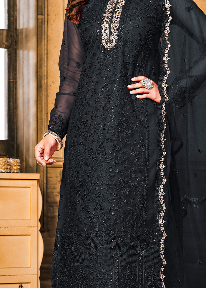 3 Pc Black Semi Stitched Net Suit Set - Indian Silk House Agencies