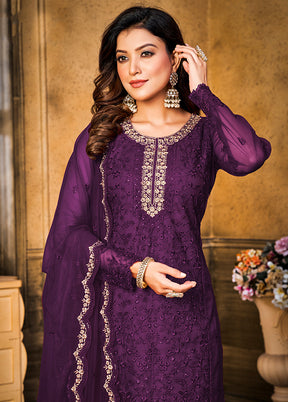 3 Pc Purple Semi Stitched Net Suit Set - Indian Silk House Agencies
