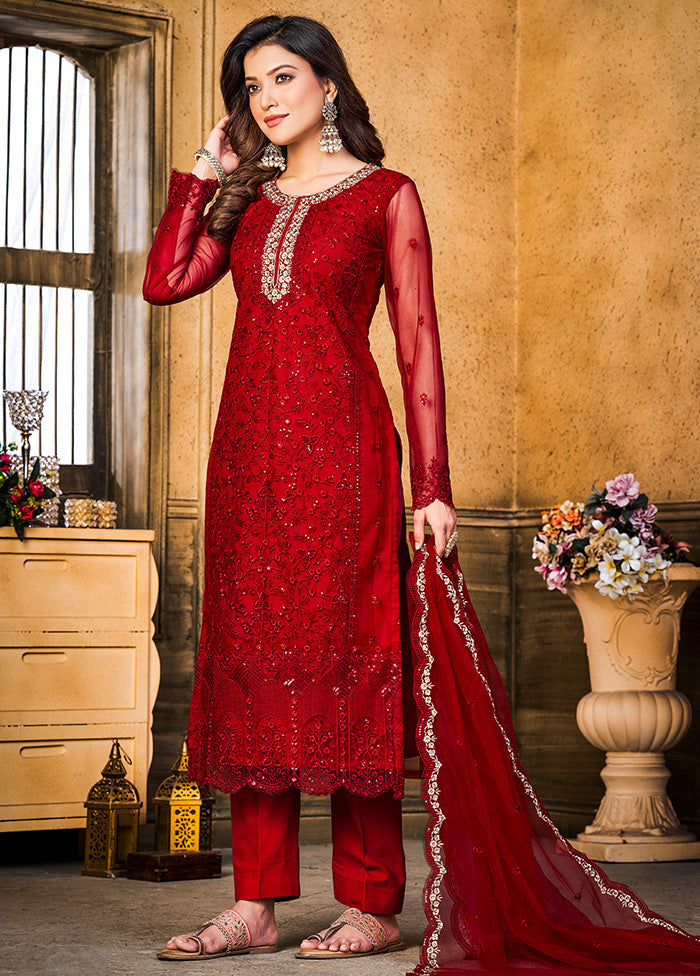 3 Pc Red Semi Stitched Net Suit Set - Indian Silk House Agencies