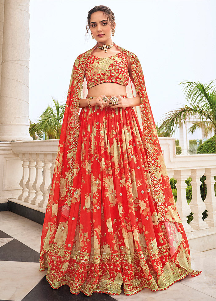 3 Pc Red Georgette Semi Stitched Lehenga Set - Indian Silk House Agencies