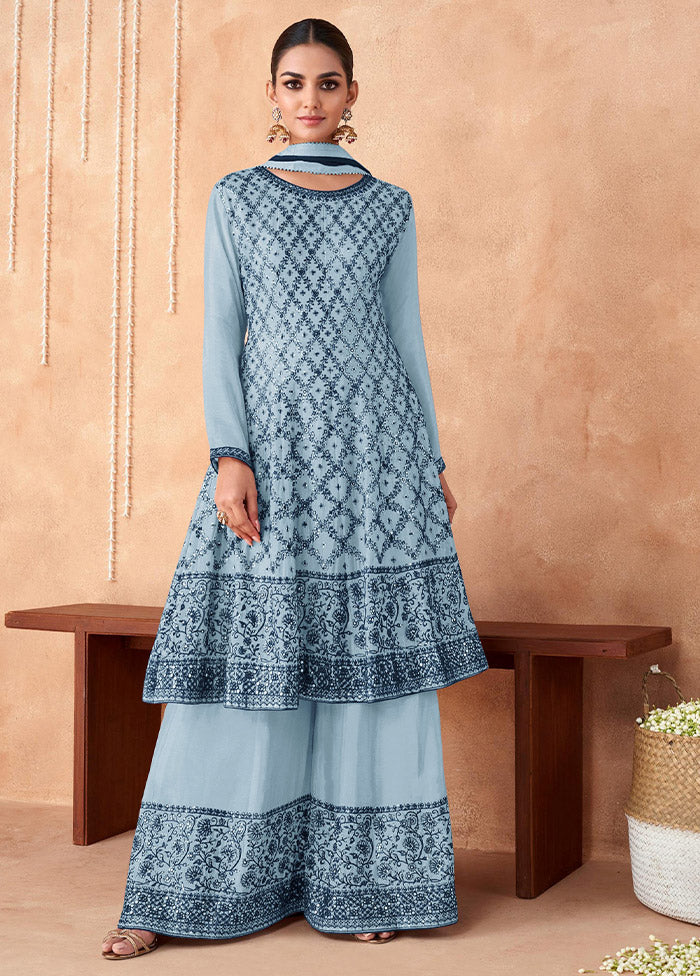 3 Pc Sky Blue Semi Stitched Georgette Suit Set - Indian Silk House Agencies