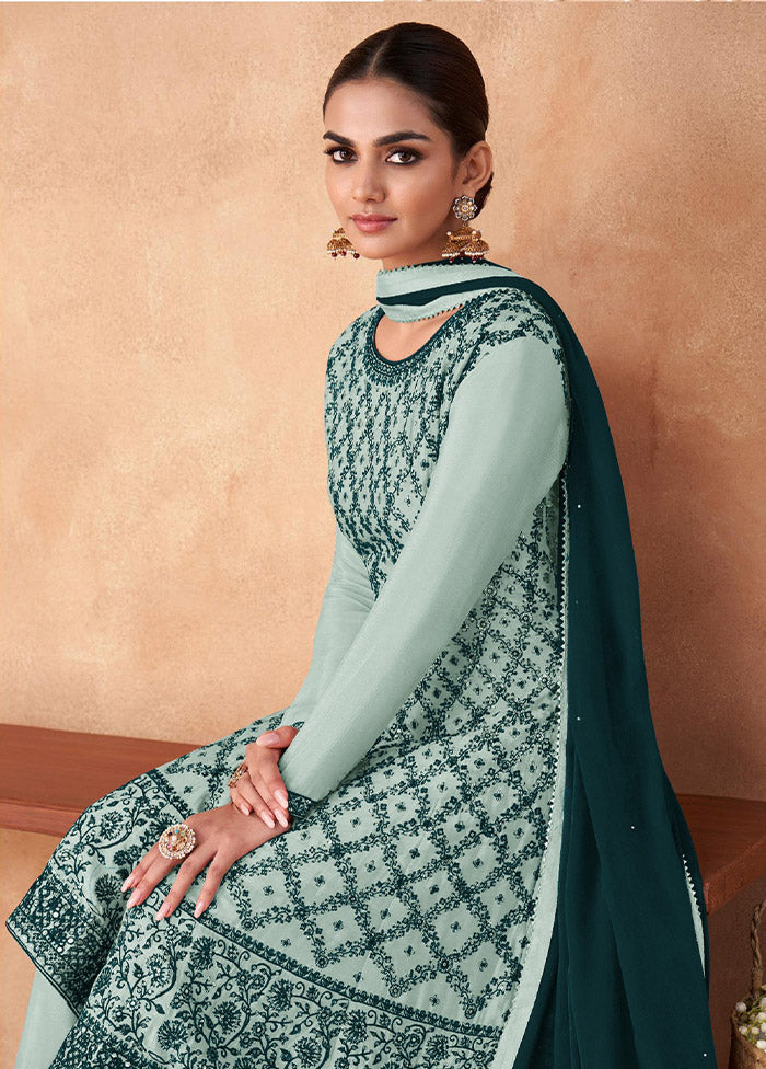 3 Pc Green Semi Stitched Georgette Suit Set - Indian Silk House Agencies