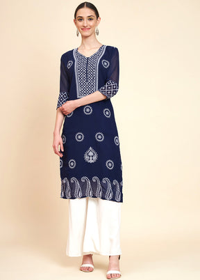 Navy Blue Readymade Georgette Kurti - Indian Silk House Agencies