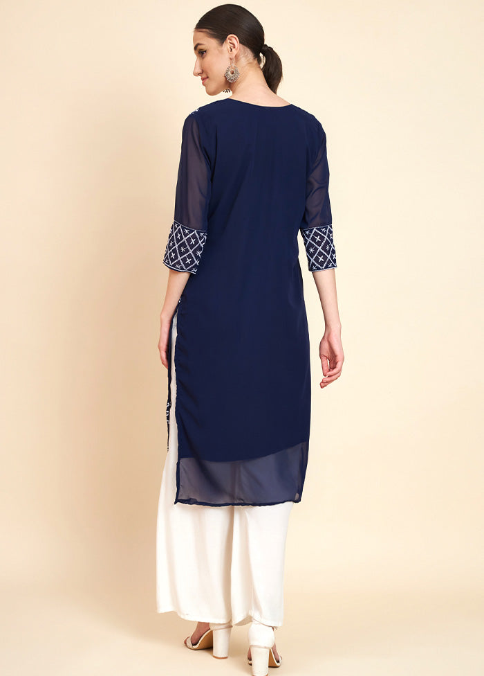 Navy Blue Readymade Georgette Kurti - Indian Silk House Agencies