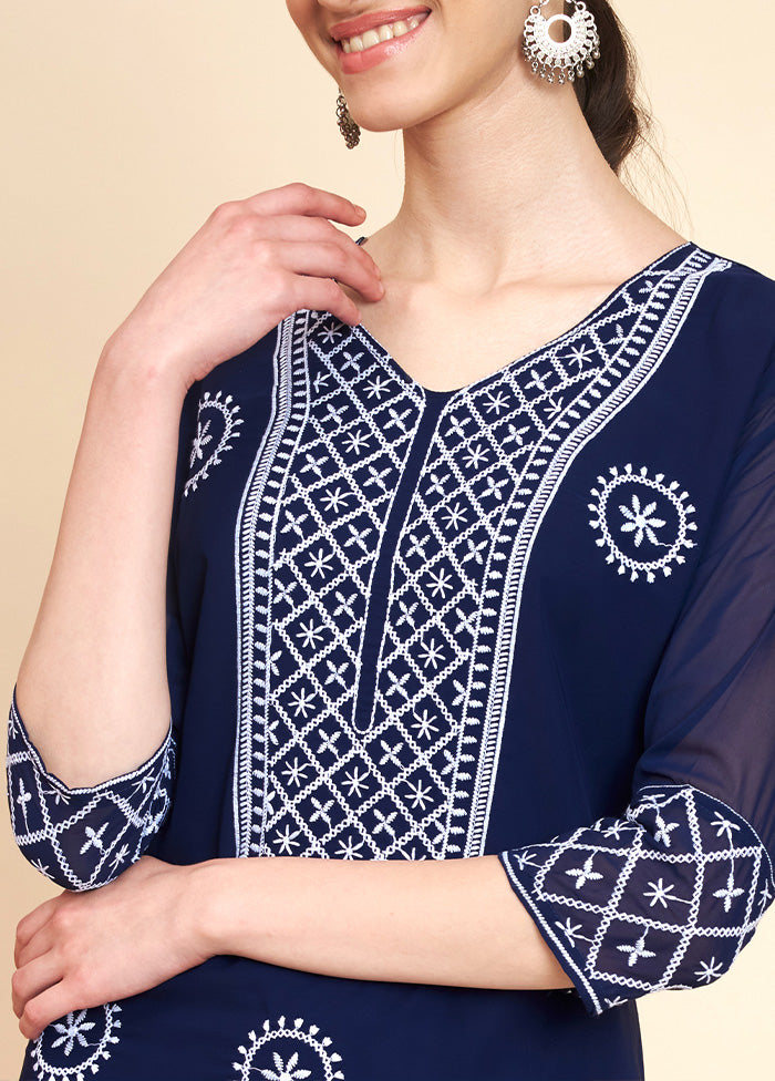 Navy Blue Readymade Georgette Kurti - Indian Silk House Agencies