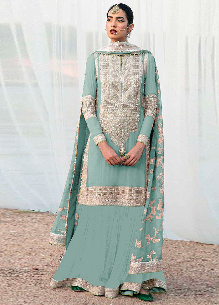 3 Pc Sky Blue Unstitched Georgette Suit Set - Indian Silk House Agencies