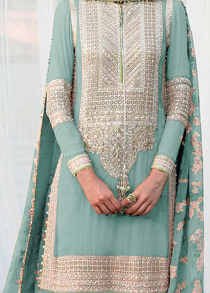 3 Pc Sky Blue Unstitched Georgette Suit Set - Indian Silk House Agencies