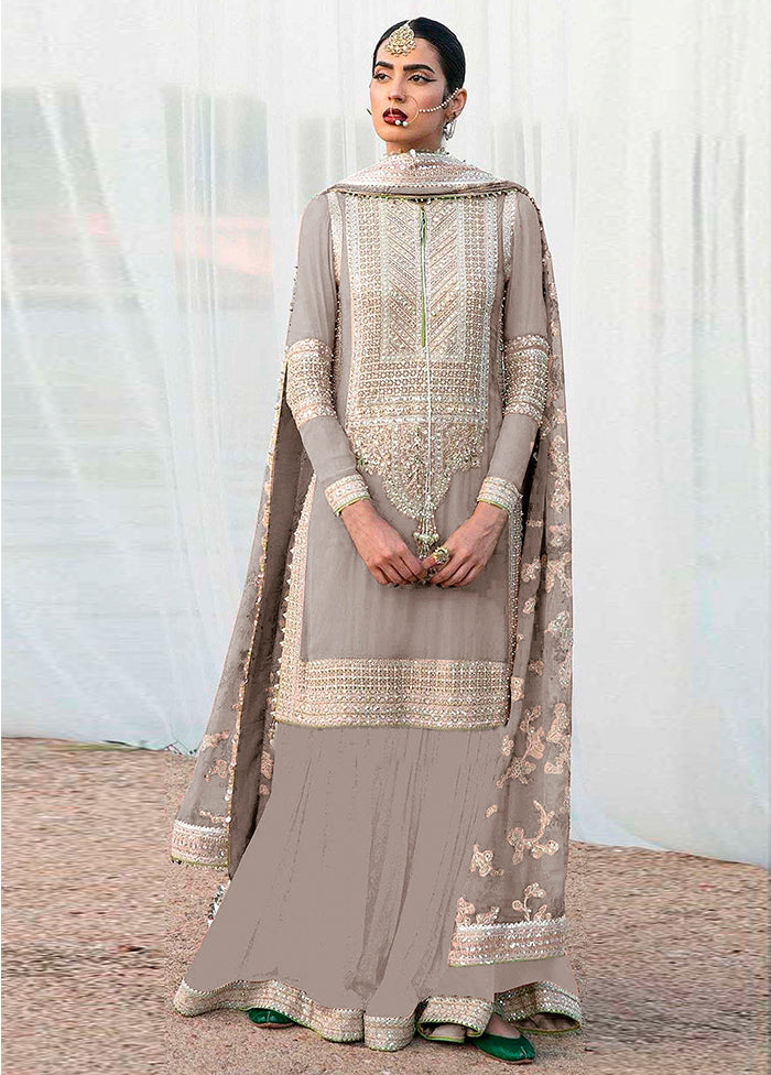 3 Pc Beige Unstitched Georgette Suit Set - Indian Silk House Agencies
