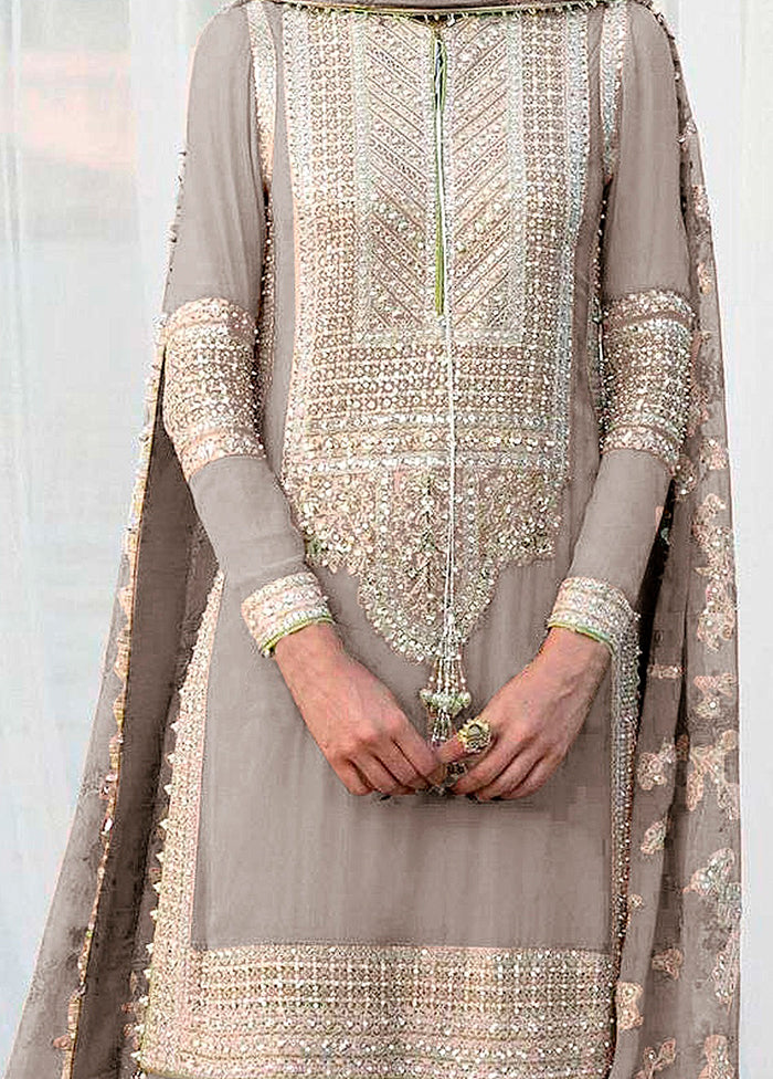 3 Pc Beige Unstitched Georgette Suit Set - Indian Silk House Agencies