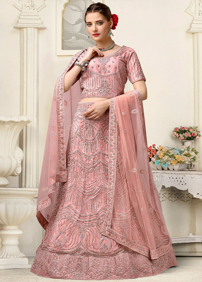 3 Pc Light Pink Net Semi Stitched Lehenga Set - Indian Silk House Agencies
