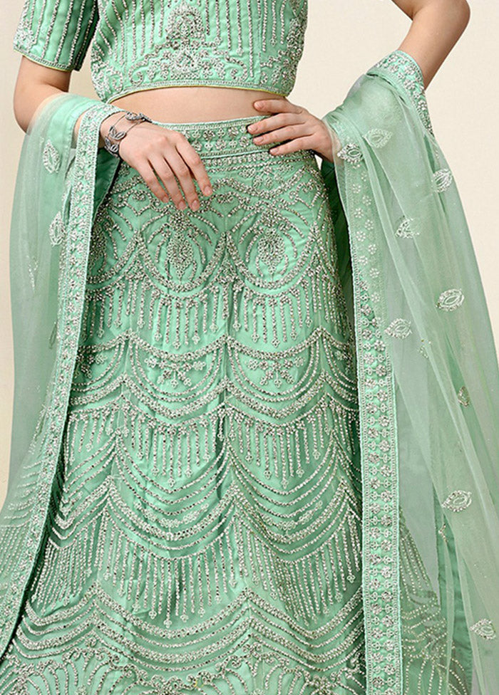 3 Pc Light Green Net Semi Stitched Lehenga Set - Indian Silk House Agencies