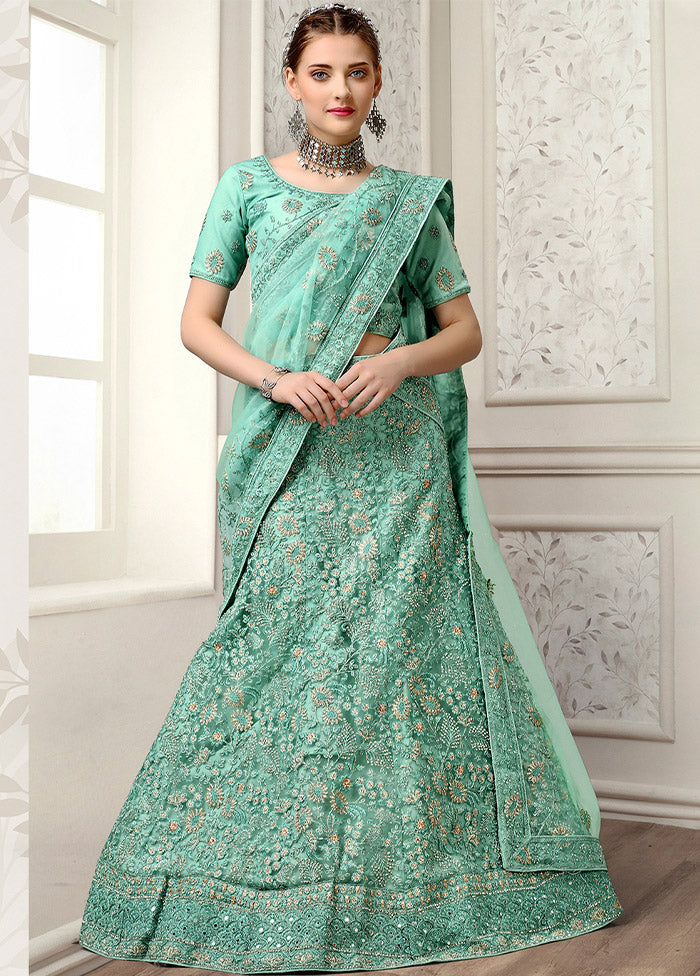 3 Pc Turquoise Net Semi Stitched Lehenga Set - Indian Silk House Agencies