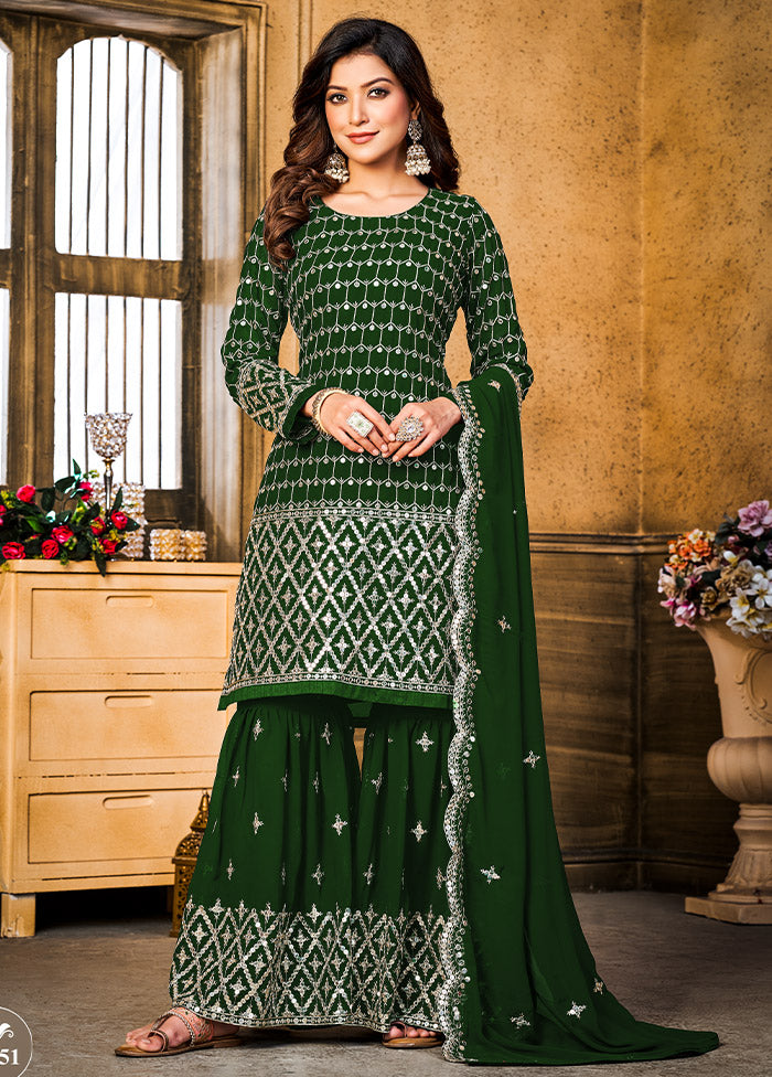 3 Pc Green Unstitched Georgette Suit Set - Indian Silk House Agencies
