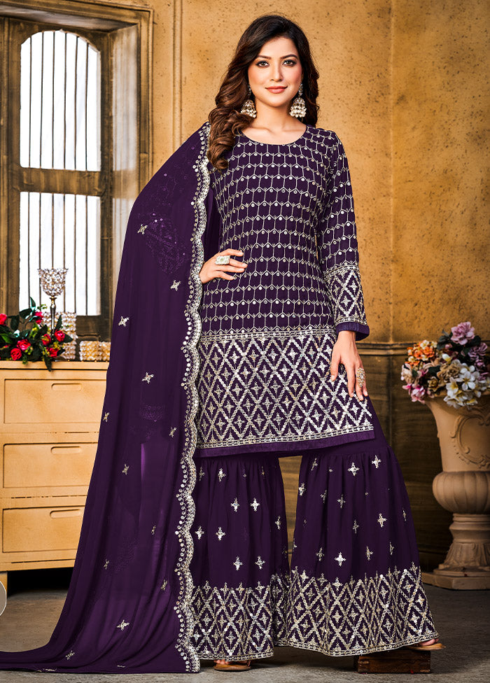 3 Pc Purple Unstitched Georgette Suit Set - Indian Silk House Agencies