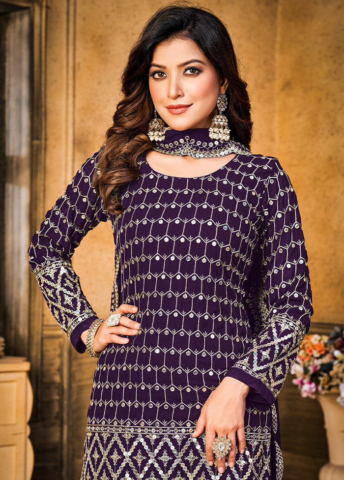 3 Pc Purple Unstitched Georgette Suit Set - Indian Silk House Agencies