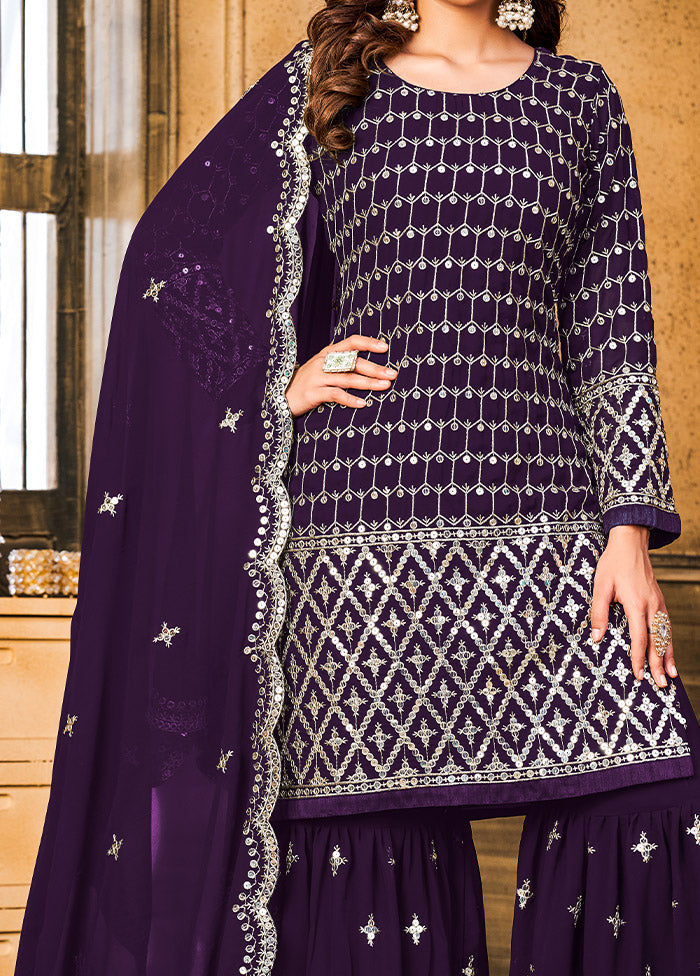 3 Pc Purple Unstitched Georgette Suit Set - Indian Silk House Agencies