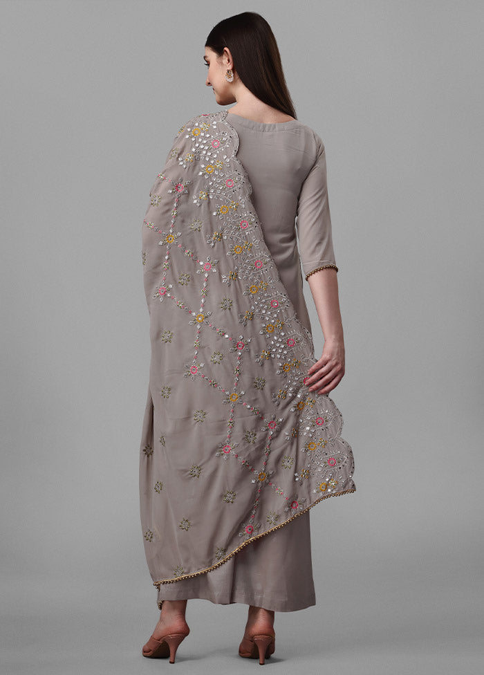 3 Pc Grey Unstitched Georgette Suit Set - Indian Silk House Agencies